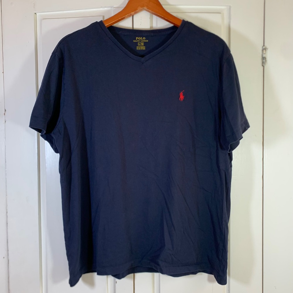 Polo Ralph Lauren Mens Blue V-Neck T-Shirt Red Pony Logo Large Preppy Old Money
